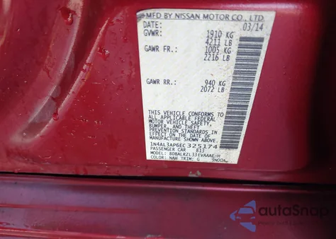 2014 Nissan Altima 2.5 S z USA, uszkodzony, nr VIN 1N4AL3AP6EC325174